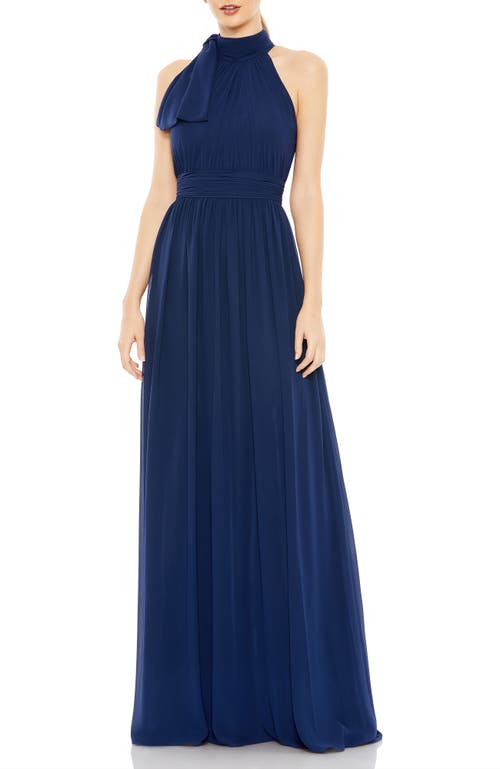 Mac Duggal Bejeweled Neckline Pleated Chiffon Gown Dress In Navy In Midnight