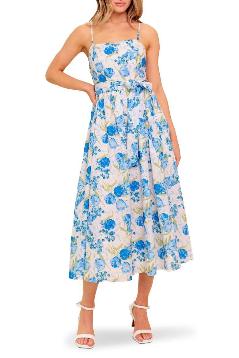 Tie Waist Fit & Flare Midi Dress, Main, color, IVORY BLUE