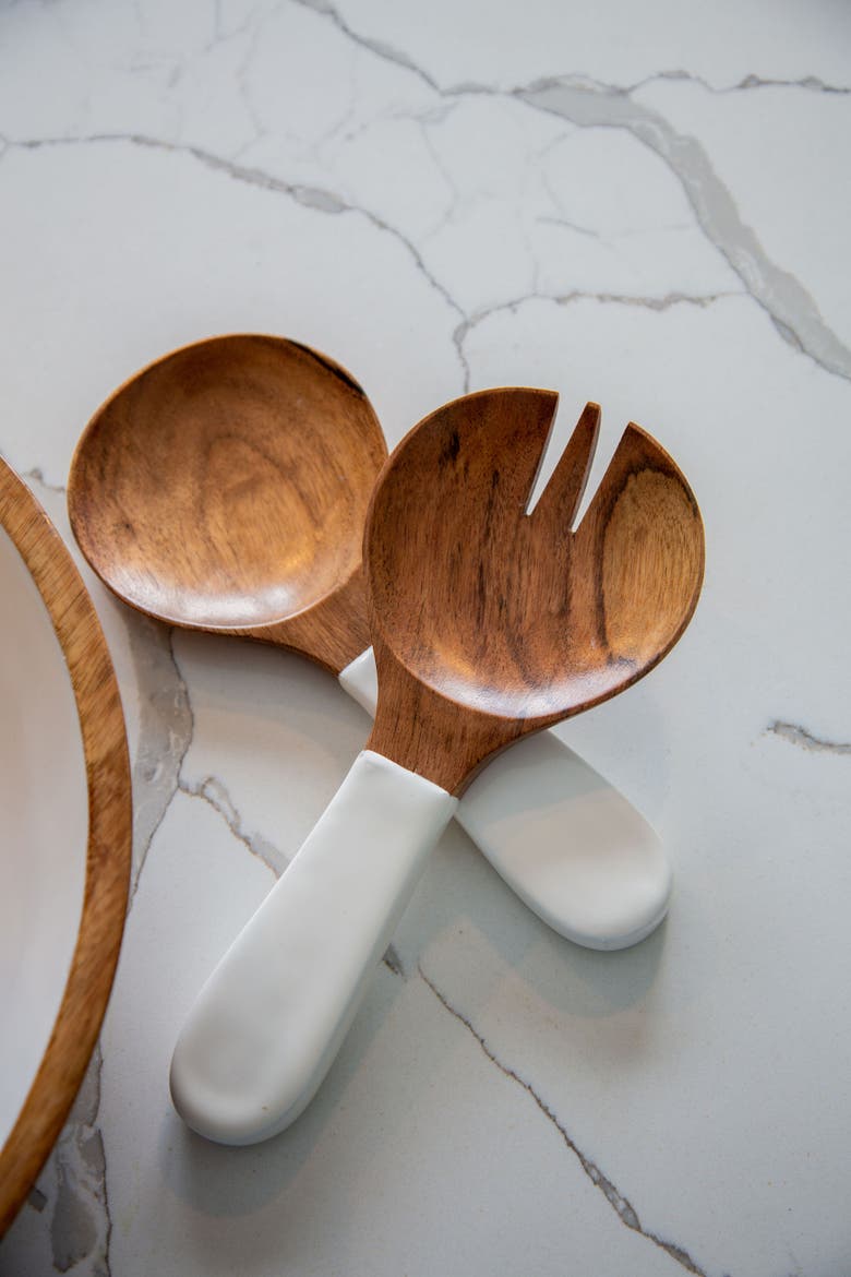 Wood + White Collection Medium Salad Bowl & Servers Set, Alternate, color, White, Brown