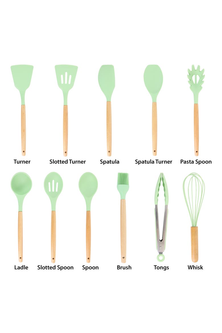 Silicone and Wood Cooking Utensils, Set of 12, Alternate, color, Mint Green