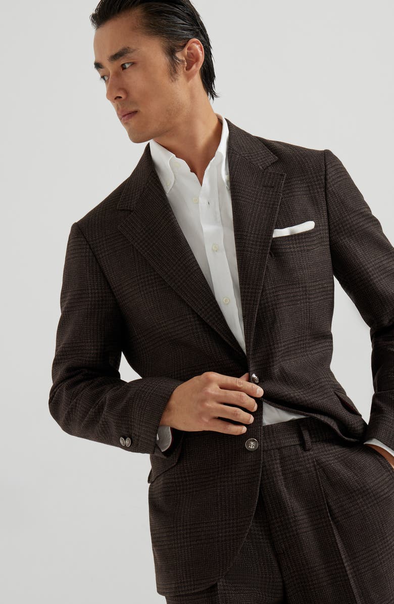 Brunello Cucinelli Prince of Wales Cavallo blazer, Alternate, color, Brown