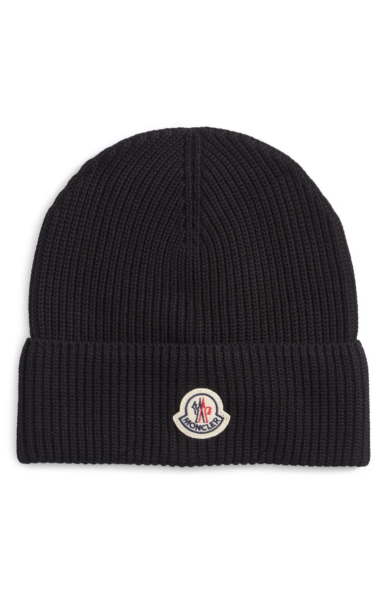Moncler Logo Patch Cotton Rib Beanie, Main, color, Black