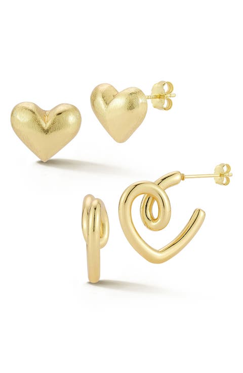 Set of 2 Heart Stud & Huggie Hoop Earrings