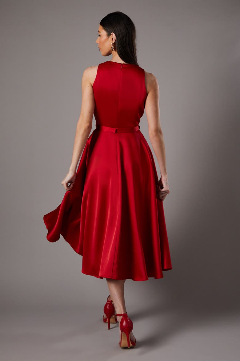 Bow Trim V-Neck Volume Skirt Midi Dress, Alternate, color, Red