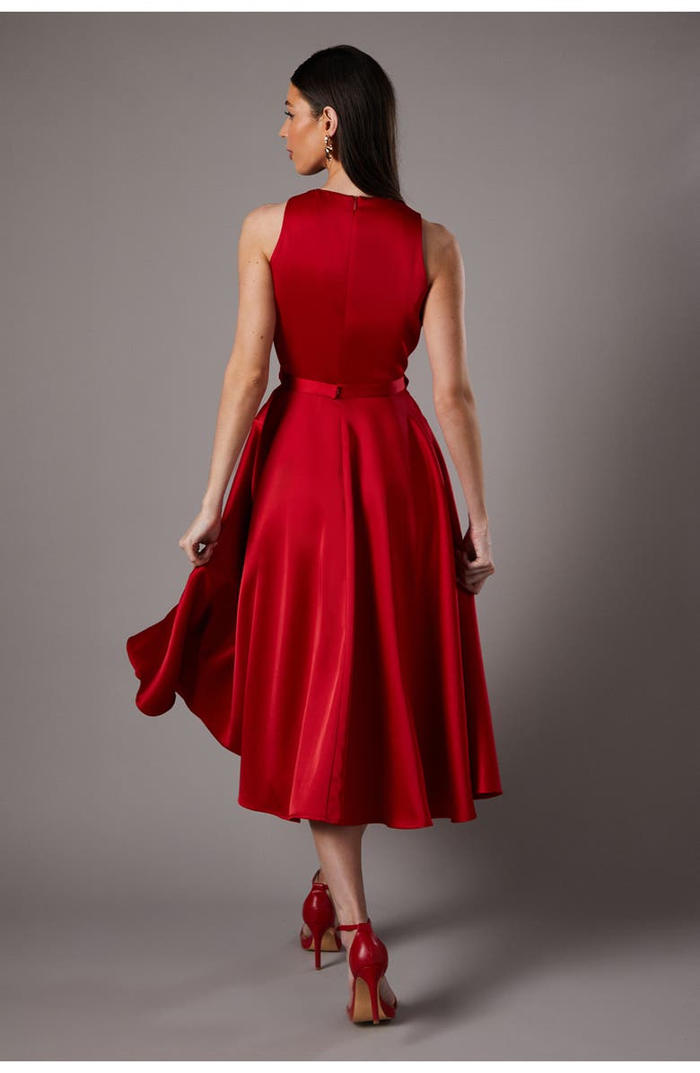 Coast Bow Trim V-Neck Volume Skirt Midi Dress, Alternate, color, Red