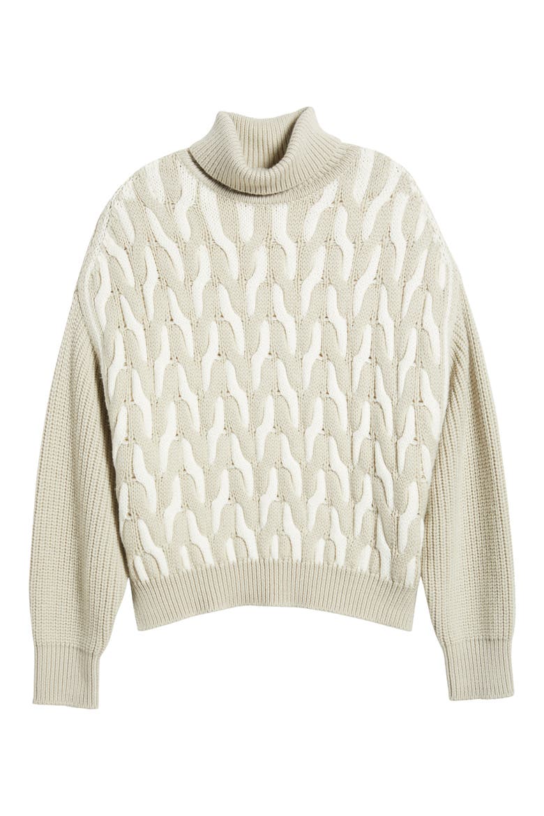 Ferdolia Two-Tone Cable Stitch Virgin Wool Turtleneck Sweater, Alternate, color, DRIED SAGE INTERLOCK