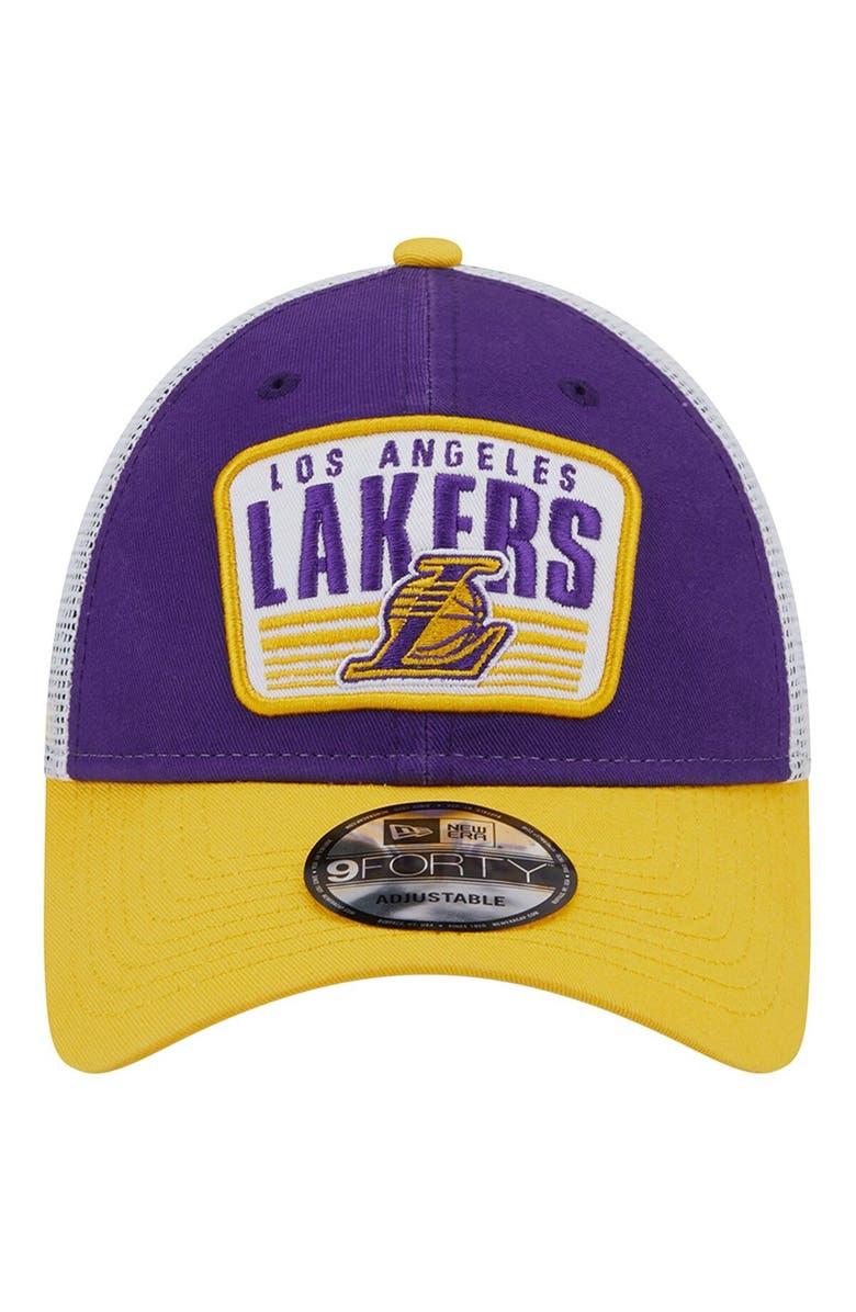 New Era Men's New Era Purple/Gold Los Angeles Lakers Two-Tone Patch 9FORTY Trucker Snapback Hat, Alternate, color, 