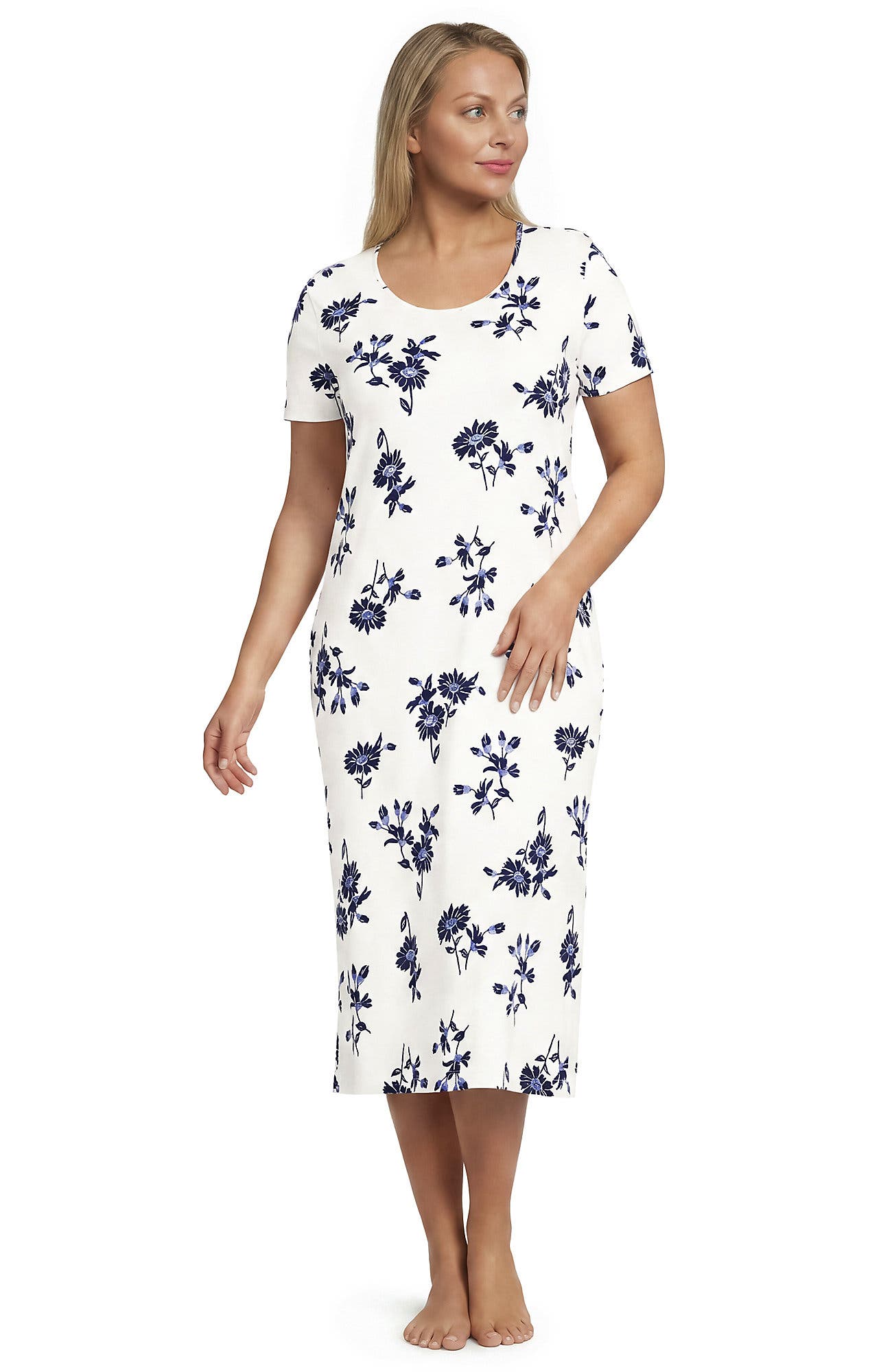 Lands' End Cotton Short Sleeve Midcalf Nightgown In Ivory/deep Sea Floral