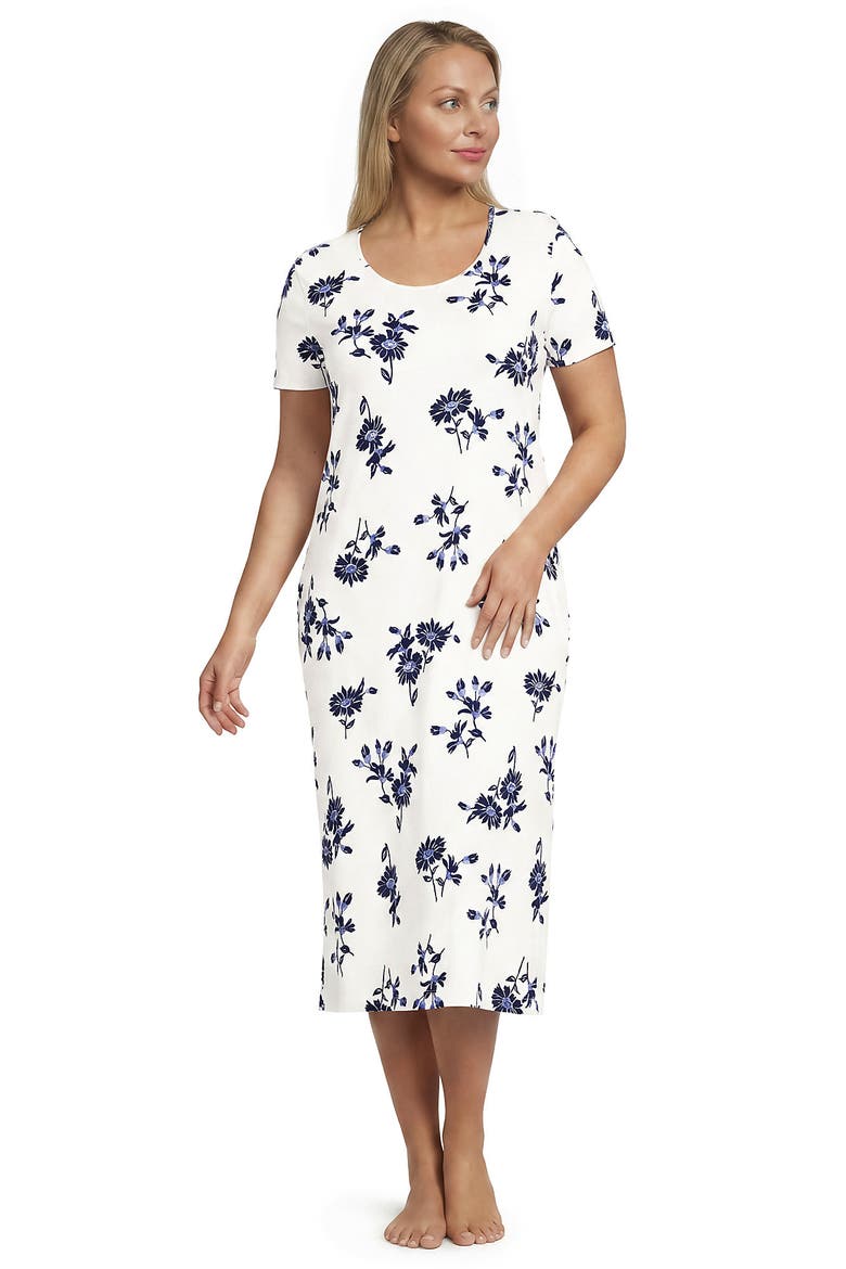 Cotton Short Sleeve Midcalf Nightgown, Main, color, Ivory/Deep Sea Floral