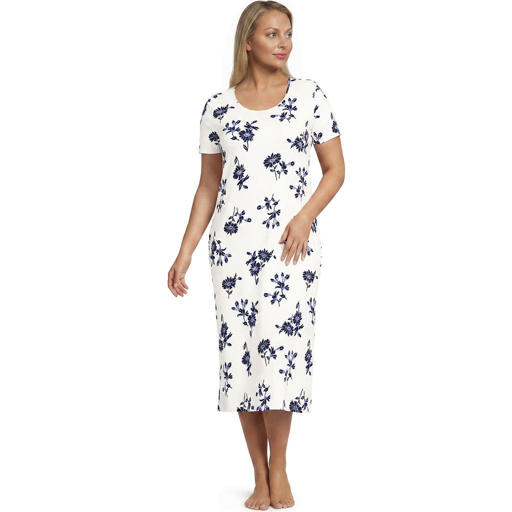 Lands' End Cotton Short Sleeve Midcalf Nightgown In Ivory/deep Sea Floral