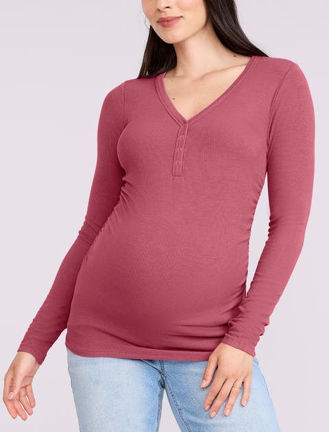 V-Neck Side-Ruched Long Sleeve Henley Tee