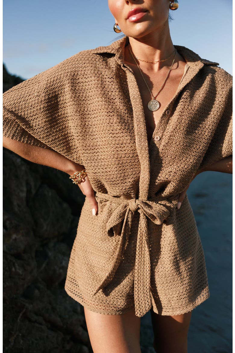 Culpo Open Stitch Cotton Romper, Alternate, color, MOCHA