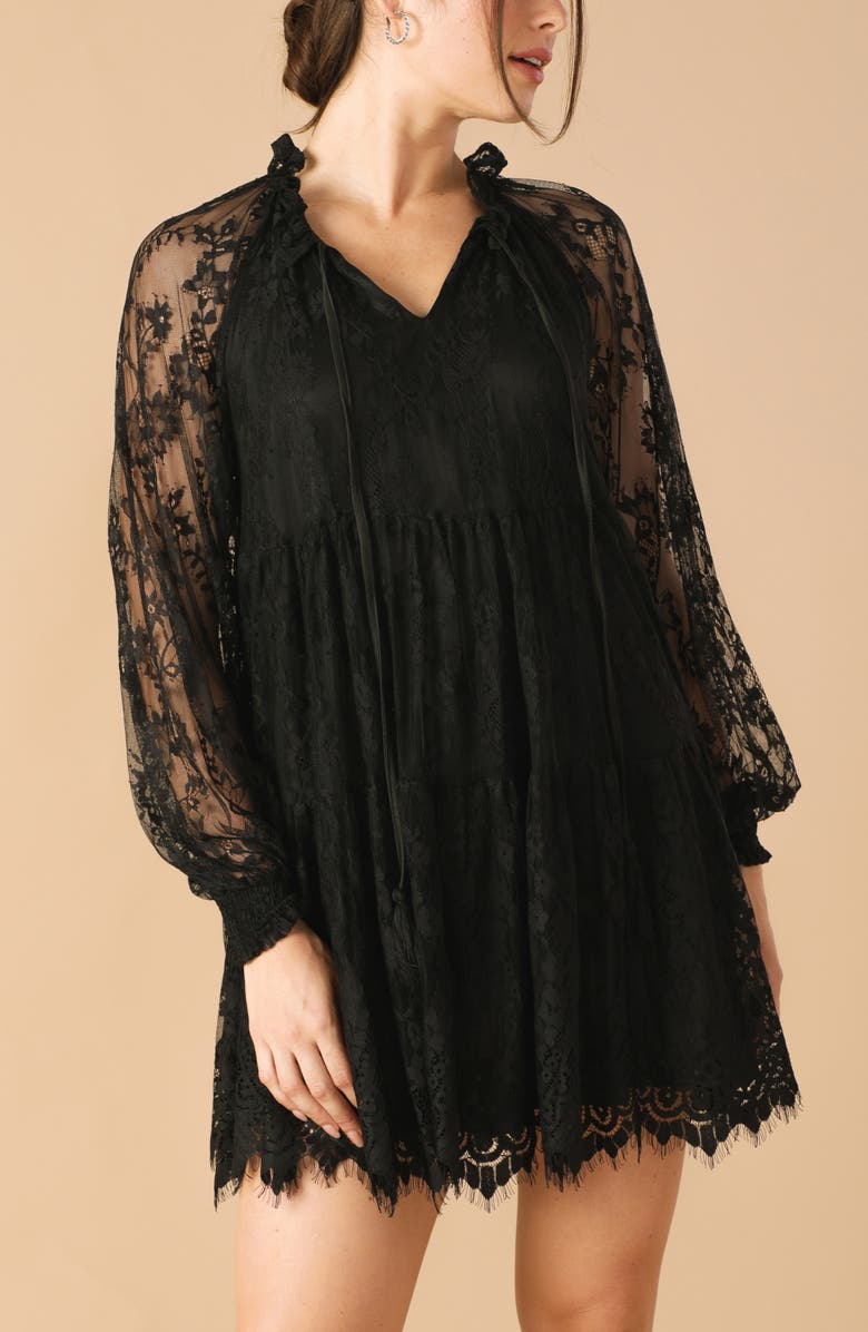 FLYING TOMATO Long Sleeve Lace Minidress, Alternate, color, Black