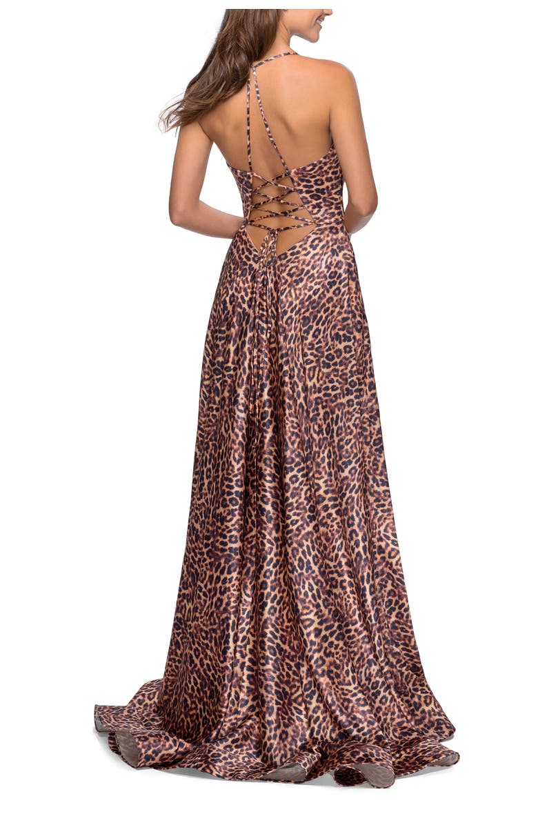 La Femme Leopard Print A-line Prom Gown with Tie Up Back, Alternate, color, Leopard