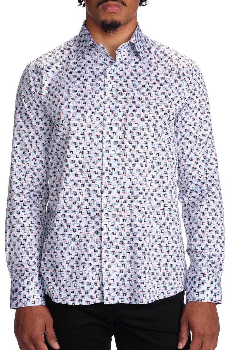 STUDIO GARNET LOS ANGELES Geometric Print Stretch Cotton Button-Up Shirt, Main, color, White