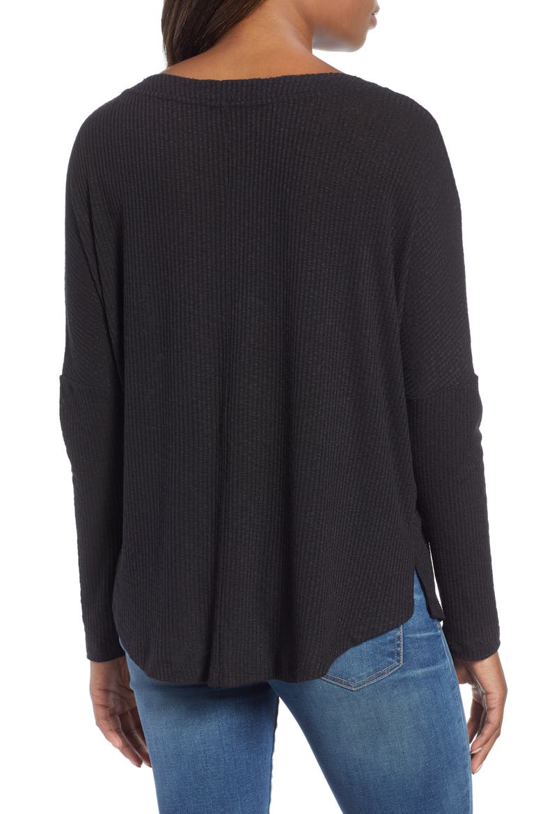 Button Front Ribbed Knit Top, Alternate, color, BLACK