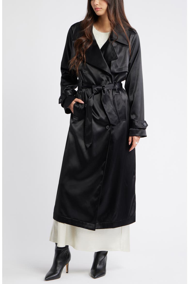 Belted Satin Trench Jacket, Main, color, BLACK