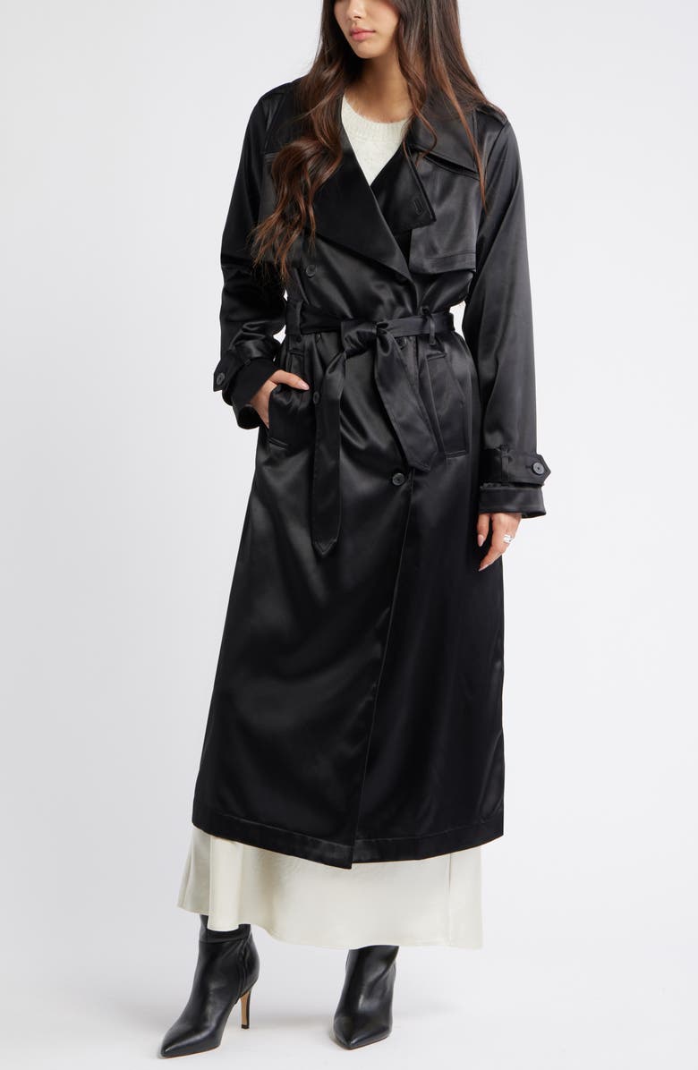 Open Edit Belted Satin Trench Jacket, Main, color, Black