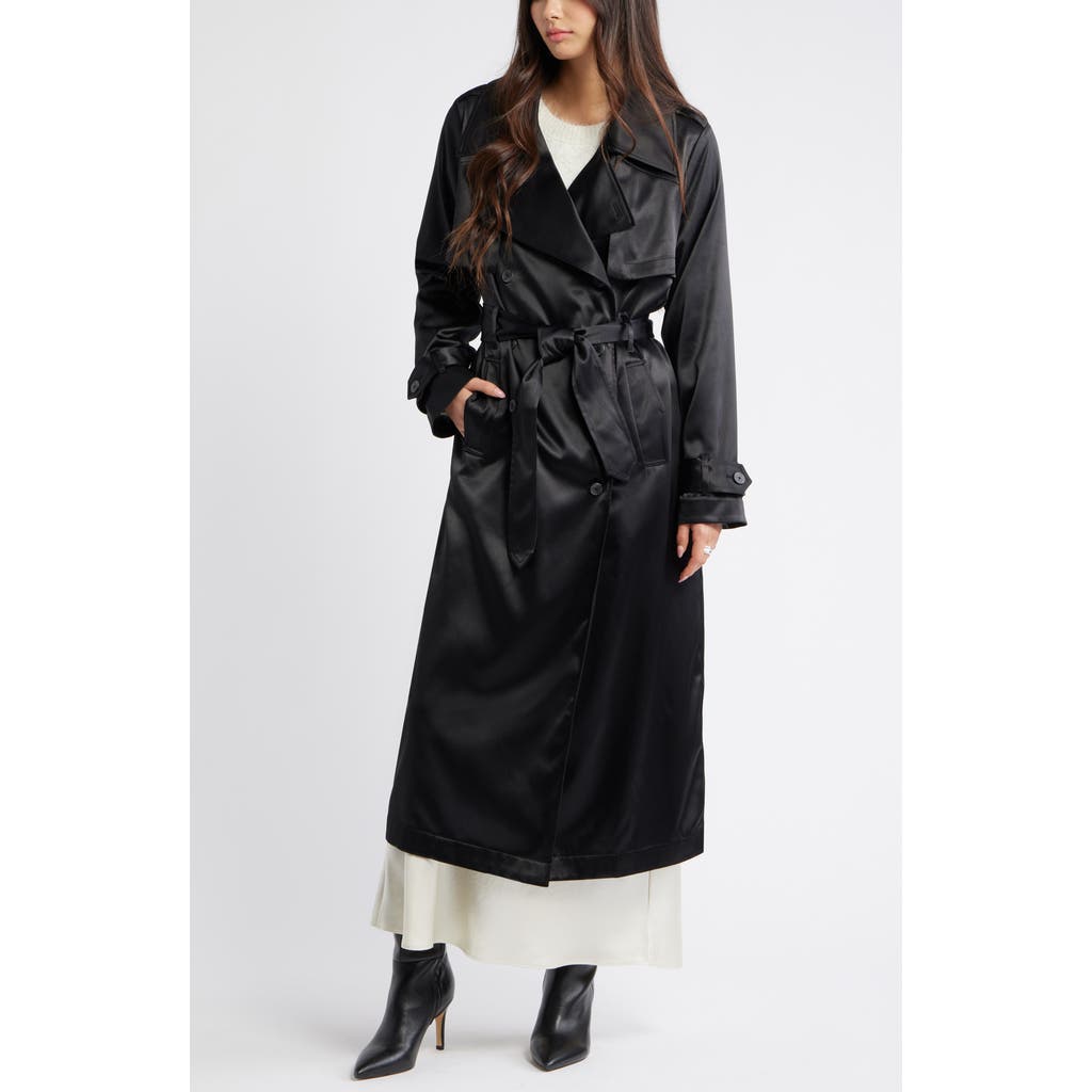 Open Edit Belted Satin Trench Jacket In Black