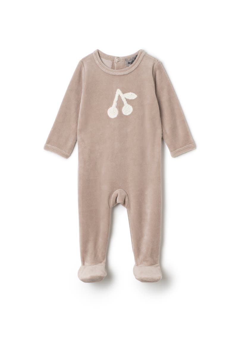 Small Moments Cherry Hook Stitch Velour Snap Romper, Main, color, Beige
