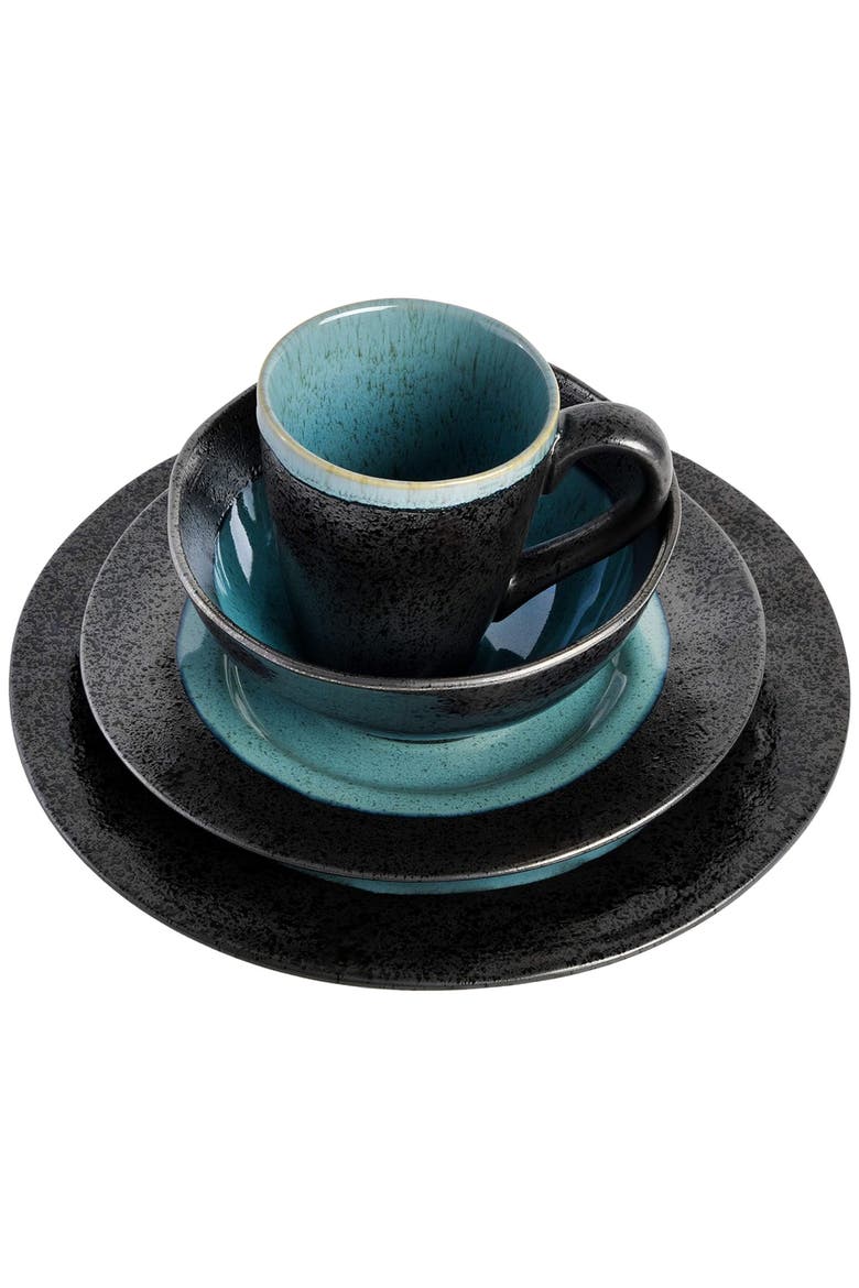 Dragonstone 16 Piece Stoneware Reactive Glaze Dinnerware Set, Alternate, color, Black