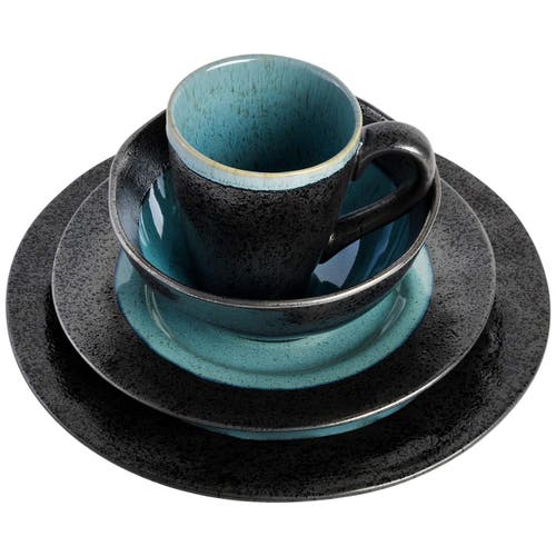 Gibson Elite Dragonstone 16 Piece Stoneware Reactive Glaze Dinnerware Set In Black