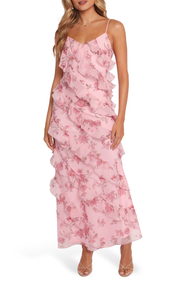Petal & Pup Ciao Floral Ruffle Chiffon Gown, Main, color, Pink Floral