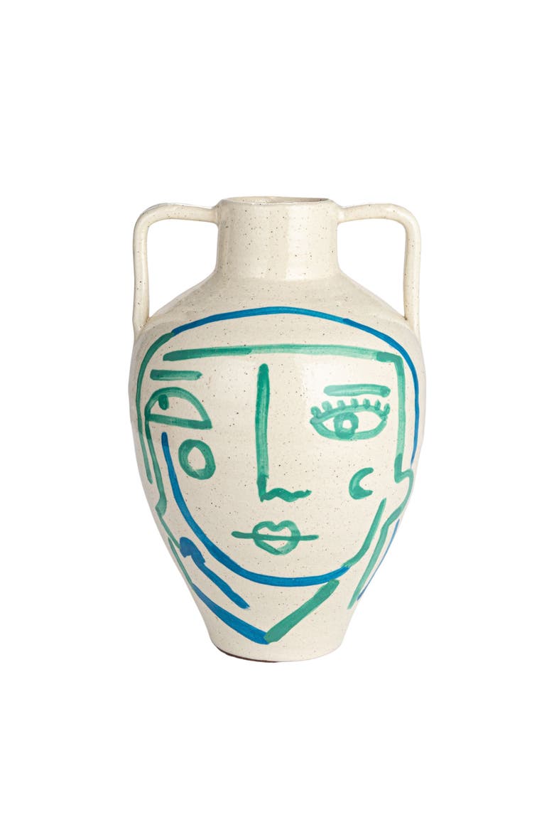 Hand-Painted Terra-cotta Vase with Abstract Face and Crackle Glaze, Alternate, color, Cream