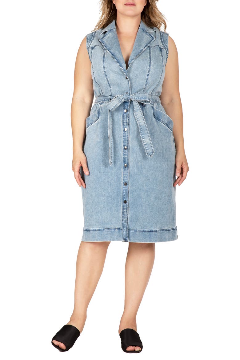 Sleeveless Tie Waist Denim Dress, Main, color, BLUESTONE