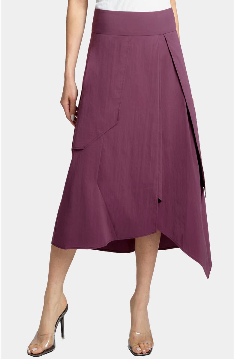 Santorelli DEB Multi-Panel Asymmetric Midi Skirt in Stretch Cotton Blend, Main, color, Cherry Cola