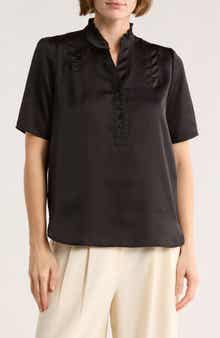 T Tahari Ruffle Split Neck Short Sleeve Top