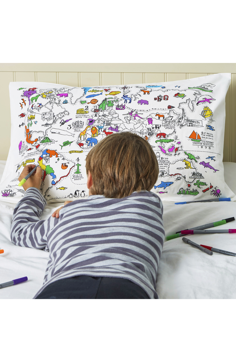 Eat Sleep Doodle Color Your Own Pillowcase World Map, Alternate, color, White