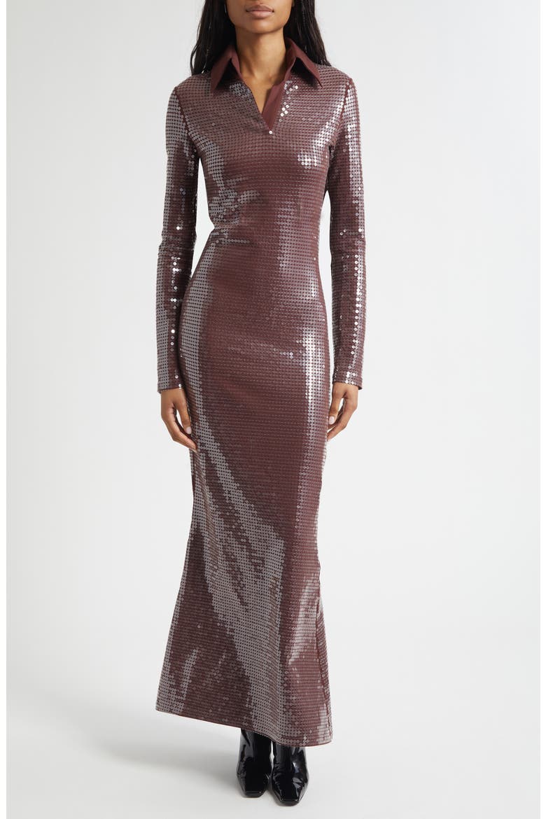 Long Sleeve Sequin Jersey Dress, Main, color, CHOCOLATE