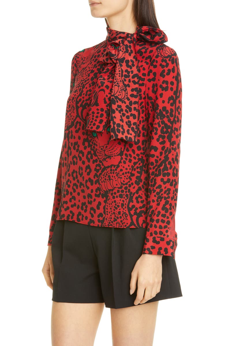 RED Valentino Leopard Print Tie Neck Silk Blouse, Alternate, color,