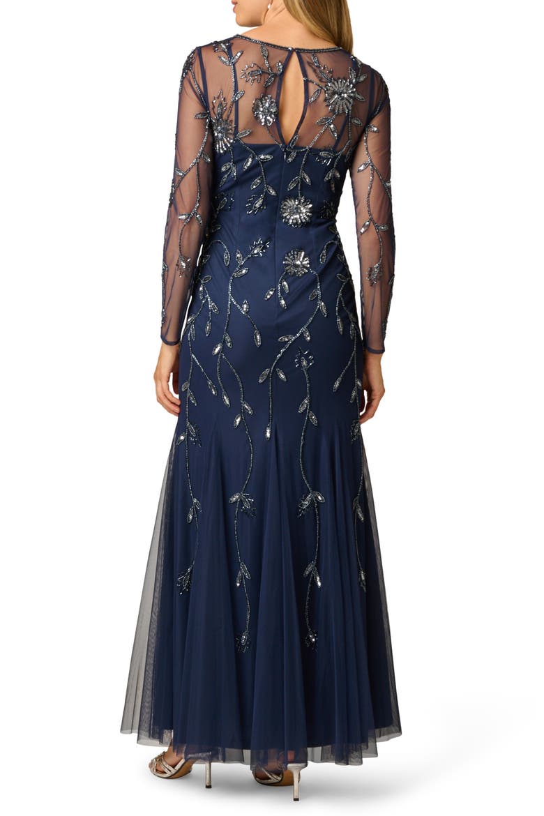 Beaded Floral Long Sleeve Mesh Gown, Alternate, color, LIGHT NAVY
