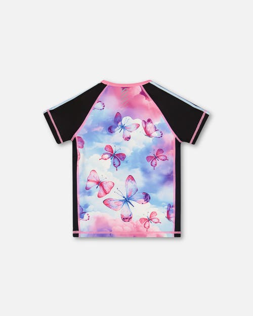 Deux Par Deux Girl's Printed Short Sleeve Athletic Top Pink, Black And Butterfly In Pink, Black And Butterfly