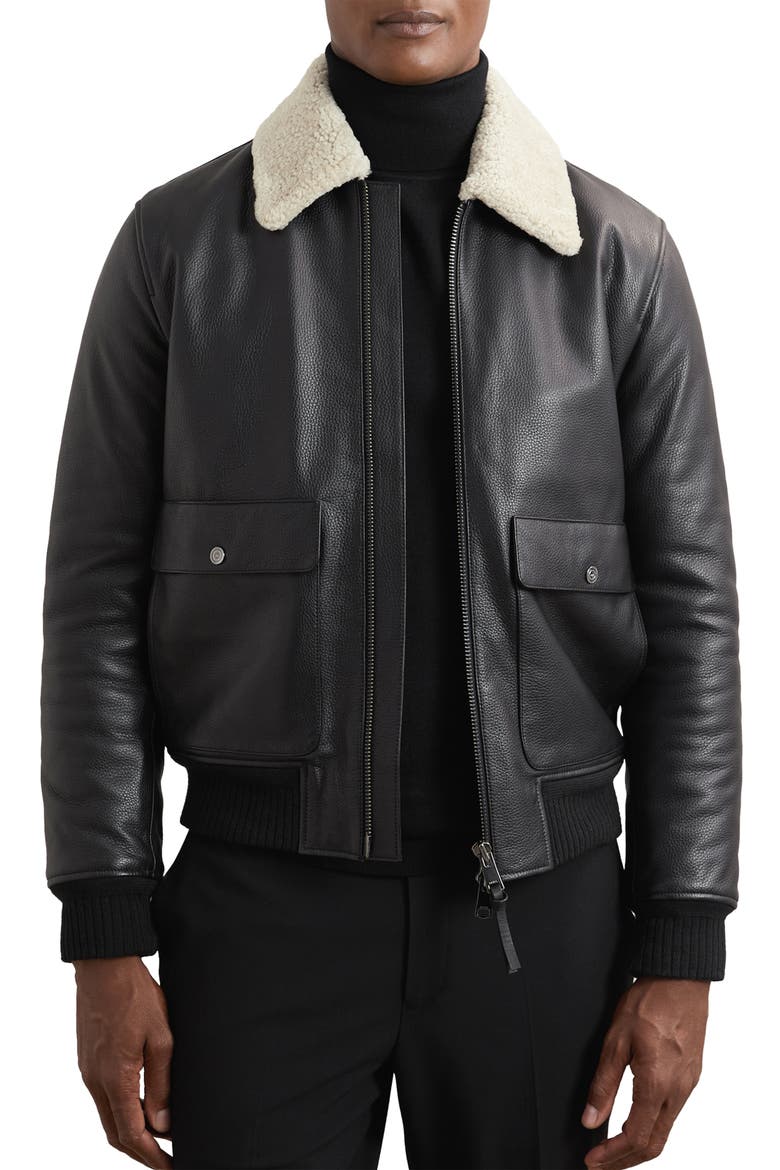 Shaker Shearling Collar Leather Bomber Jacket, Main, color, BLACK