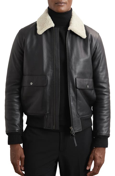 Shaker Shearling Collar Leather Bomber Jacket