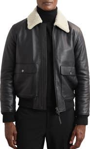 Reiss Shaker Shearling Collar Leather Bomber Jacket