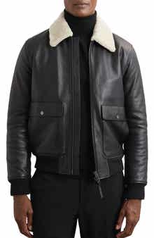 Reiss Shaker Shearling Collar Leather Bomber Jacket