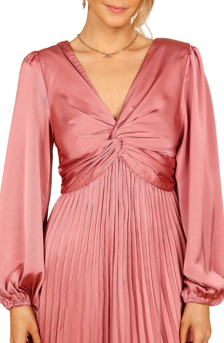 Petal & Pup Noelle Long Sleeve Pleated Satin Midi Dress, Alternate, color, Blush
