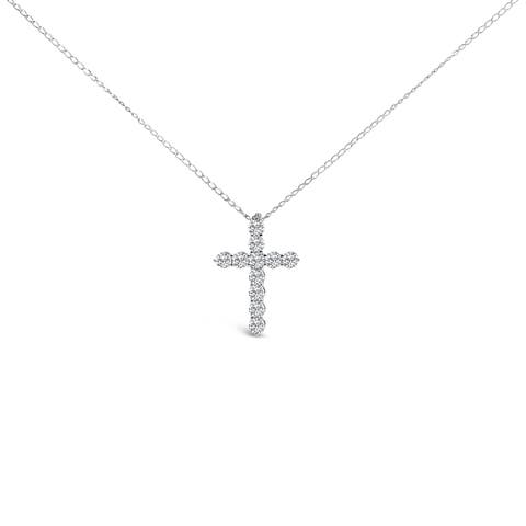 14K Gold 1/2 Cttw Lab Grown Diamond 11 Stone Cross Pendant Necklace