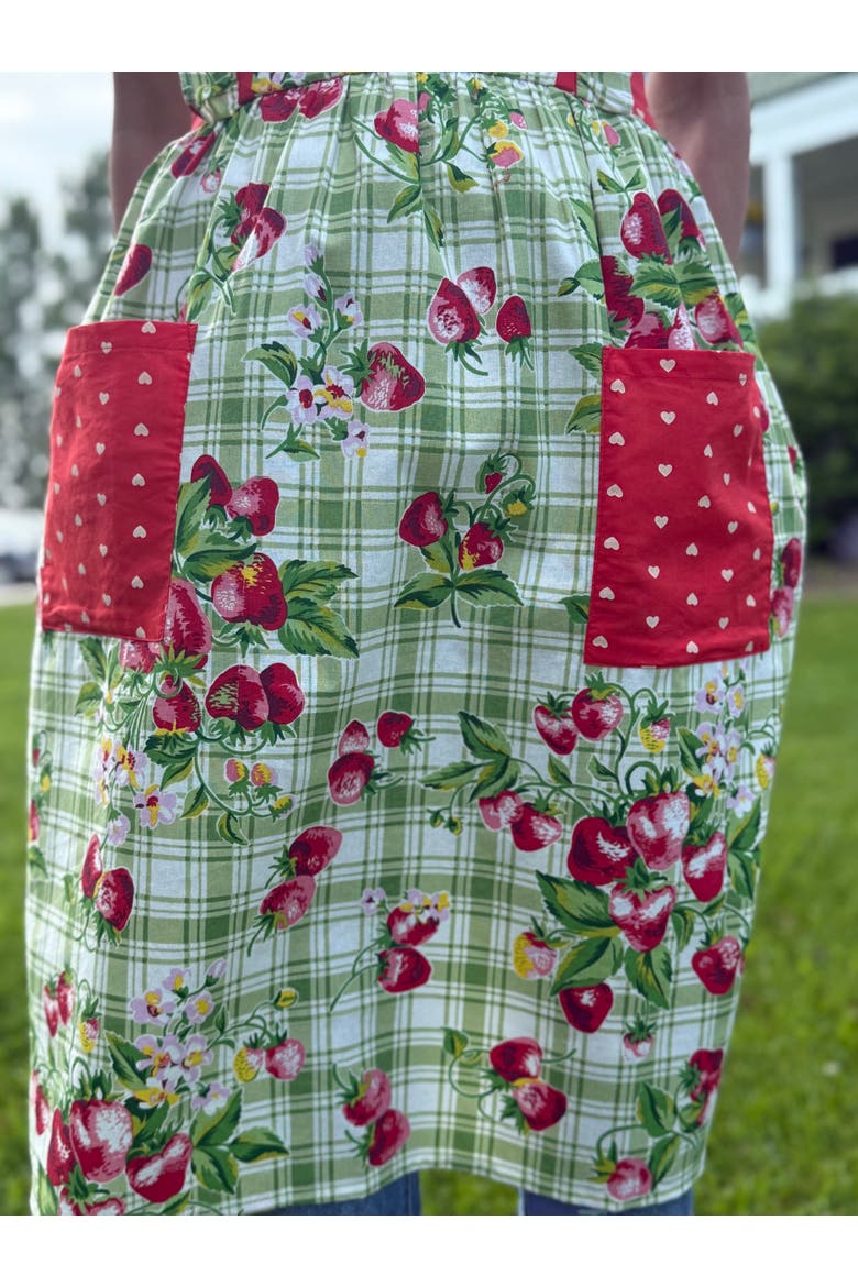 Strawberry Gingham Ruffle Apron, Alternate, color, Green