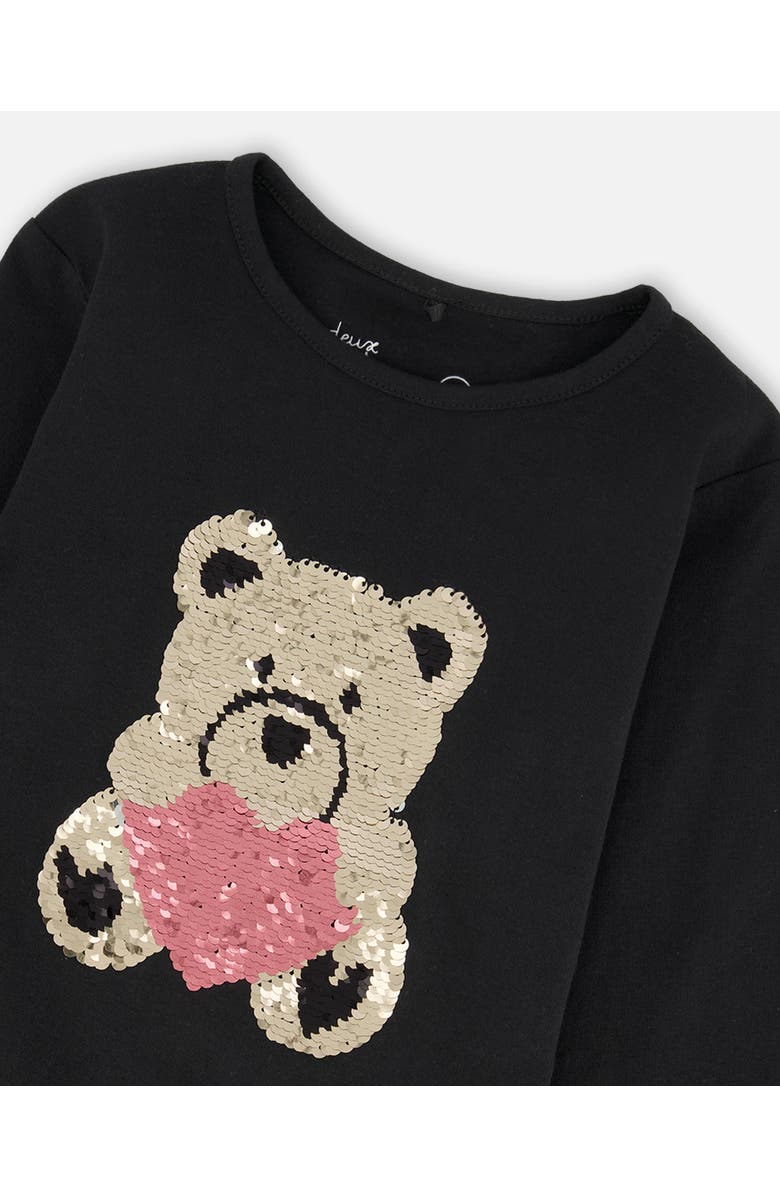 Deux par Deux Organic Cotton T-Shirt with Reversible Sequin Teddy Bear, Alternate, color, Black