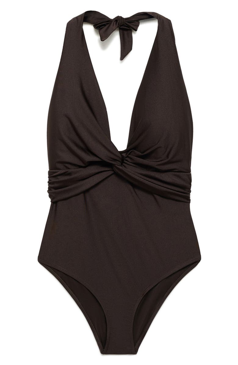 MANGO Drape Halter One-Piece Swimsuit, Alternate, color, Chocolate