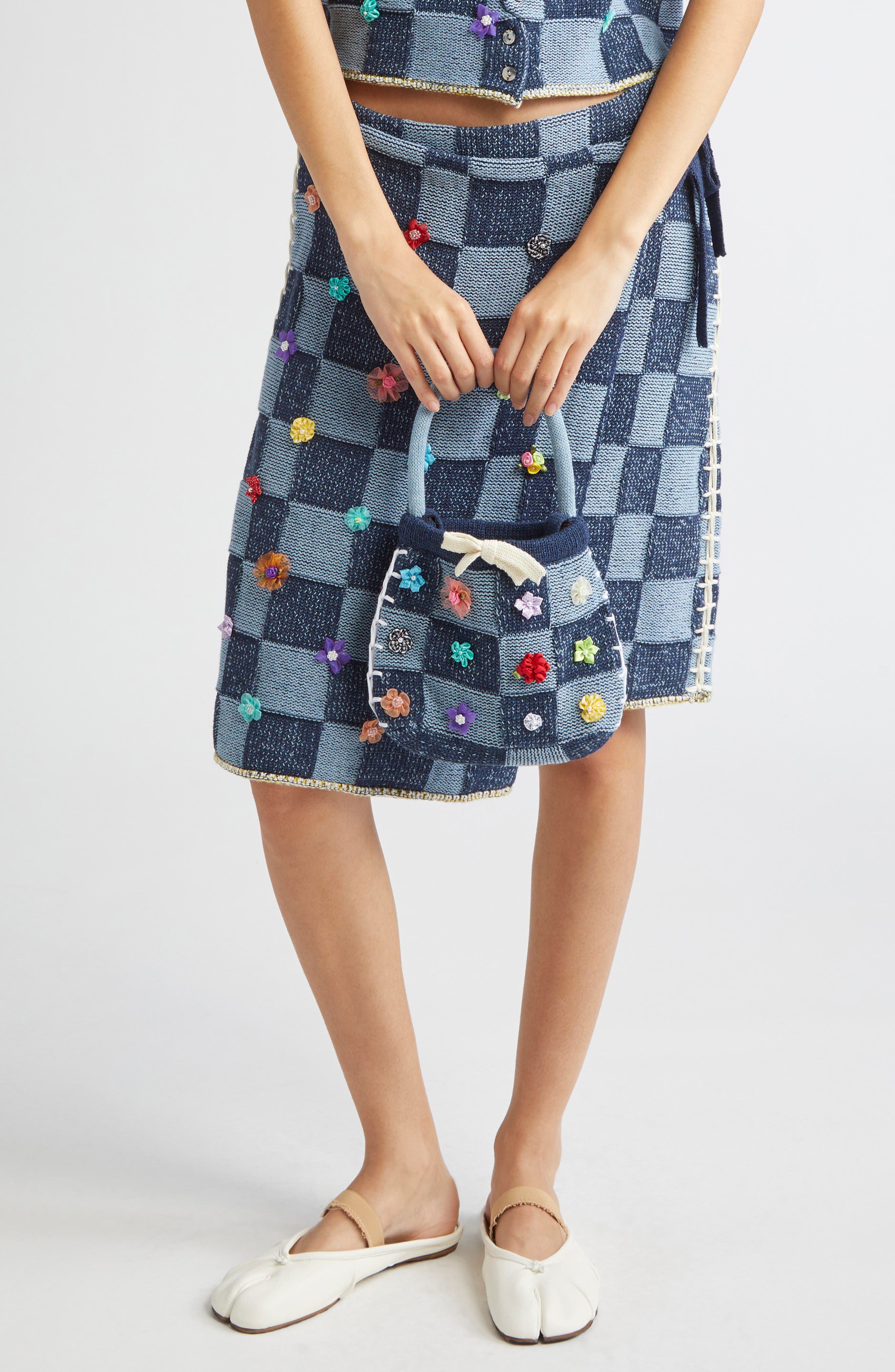 YanYan Embellished Check Cotton Knit Handbag, Alternate, color, Denim