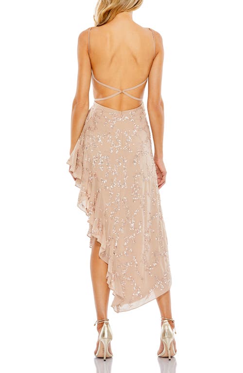 Mac Duggal Sequined Faux Wrap Ruffled Asymmetrical Hem Dress In Mocha