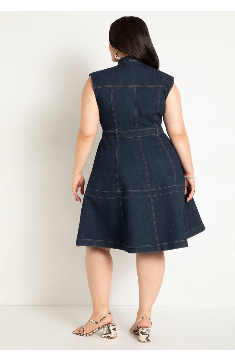 ELOQUII Fit & Flare Denim Dress, Alternate, color, Dark Wash