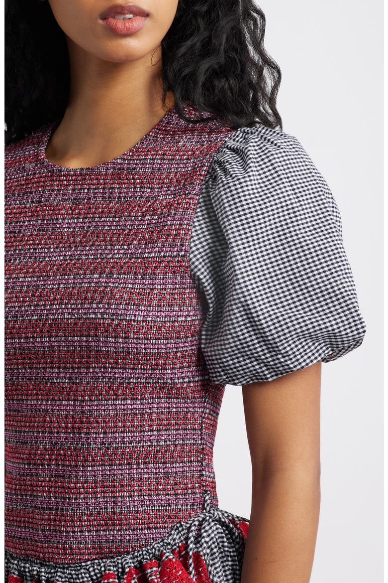 Audrey Mixed Media Organic Cotton Gingham Dress, Alternate, color, BLACK