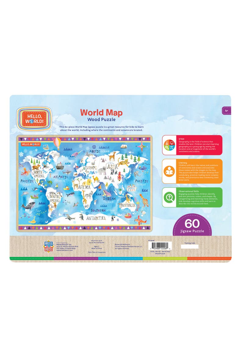 Hello, World! World Map 60pc Wood Puzzle, Alternate, color, Multicolor